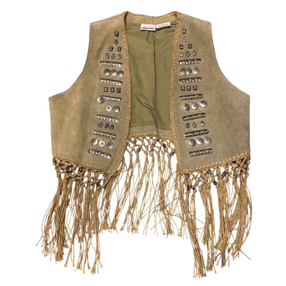 Vintage Styleworks Vest Medium Brown Western Suede Leather Fringe Embellished